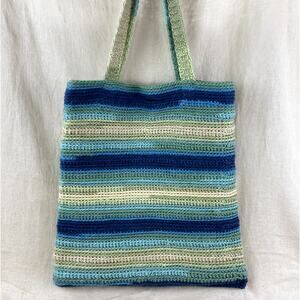 Handmade Crochet Tote Satchel Market Bag Blue Green
